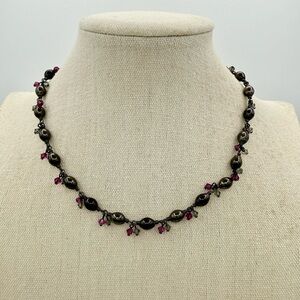 Vintage Kenneth Cole Gunmetal Bead Crystal Charm Necklace Purple Gray Bicone Y2K